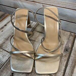 H&M Gold Metallic‎ Strappy Block Heel Sandals Square Toe Party Dress Shoes 38 /7